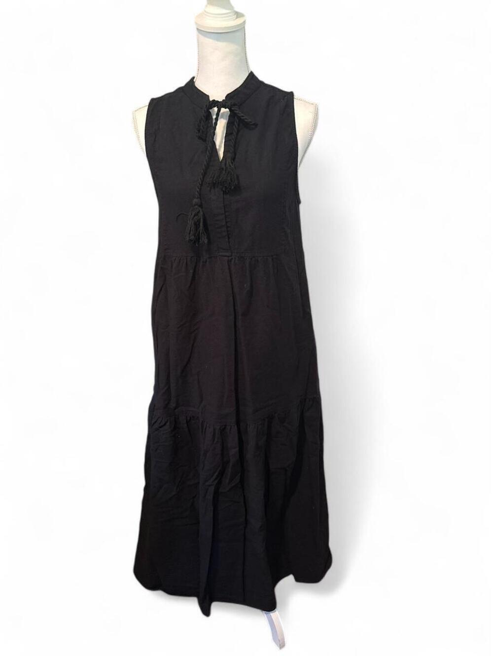 Elan Black Tassel Tie Neck Babydoll Mini Dress Sleeveless Boho Cotton Size L ❤️